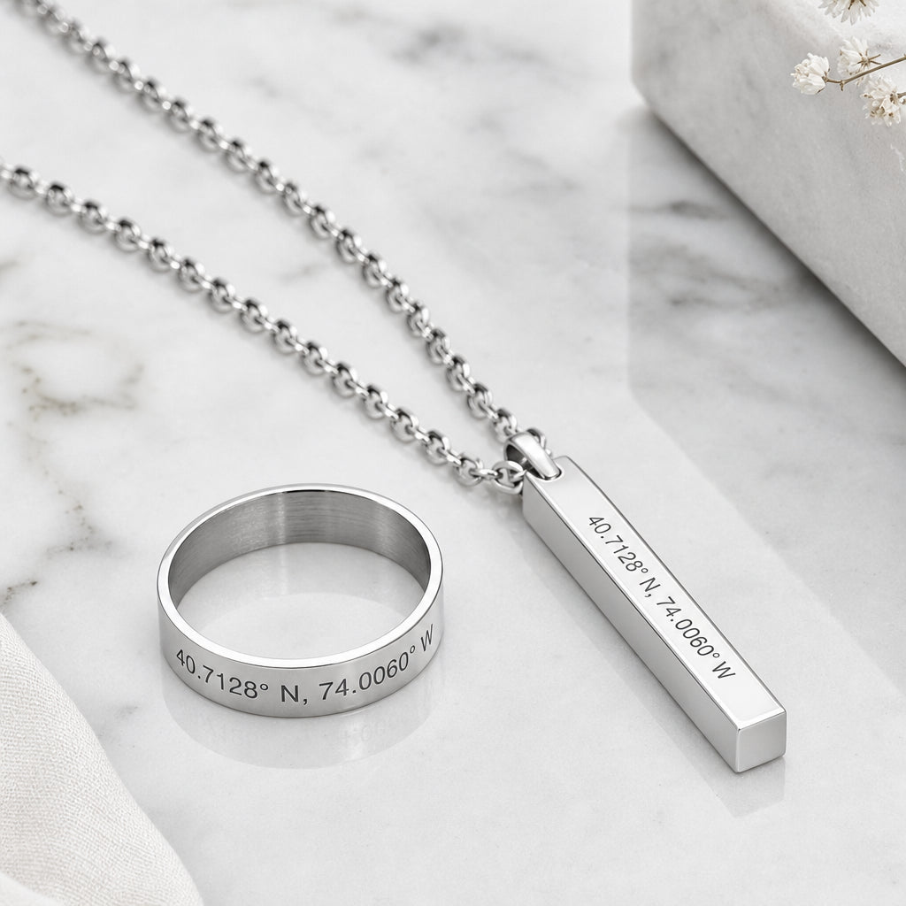 Coordinates ring and necklace set in silver with engraved GPS coordinates