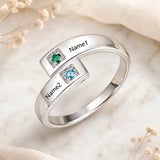Silver two-name birthstone ring with green and blue stones