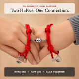 Two hands wearing matching red cord couple bracelets with silver metal charms, shown against a warm beige background with promotional text overlays.