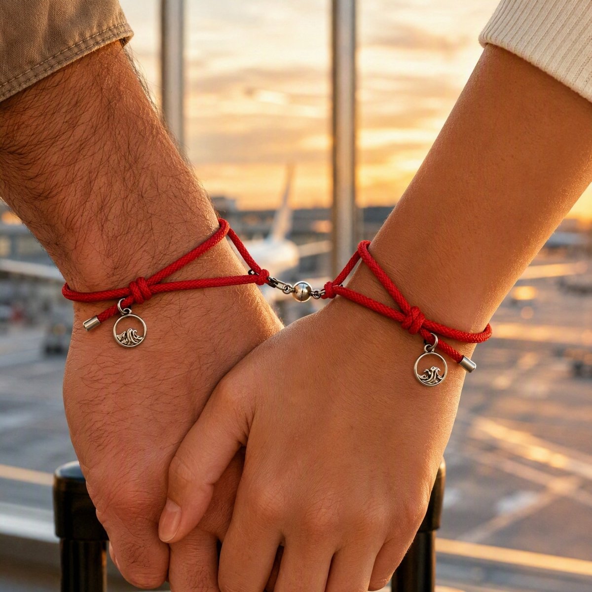 Two people wearing matching red magnetic couple bracelets while holding hands