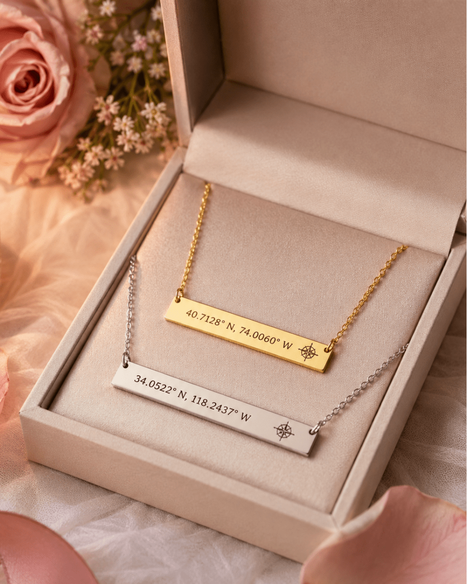 Two gold and silver necklaces with engraved coordinates in a jewelry box, surrounded by pink roses and petals.
