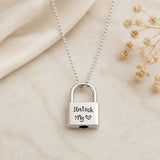 Silver personalized padlock necklace engraved Unlock My Heart