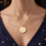 Star Map Necklace - Gold disc pendant on model - lifestyle