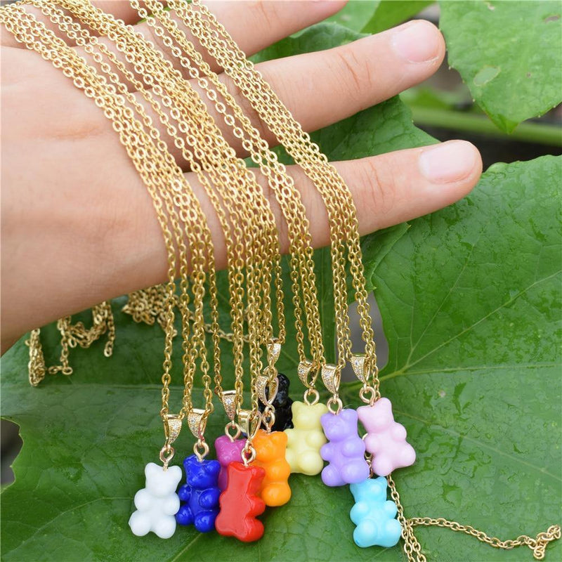 Colorful Resin Gummy Bear Pearl Chain Necklace, Purple - OurCoordinates