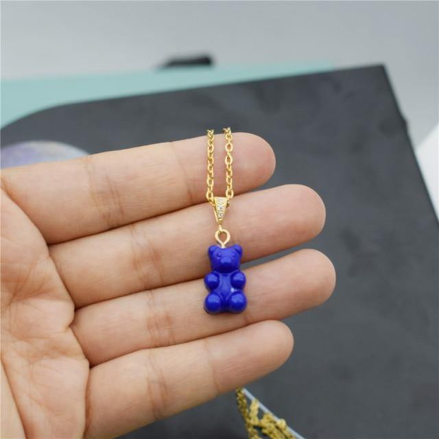 Colorful Resin Gummy Bear Pearl Chain Necklace, Blue - OurCoordinates