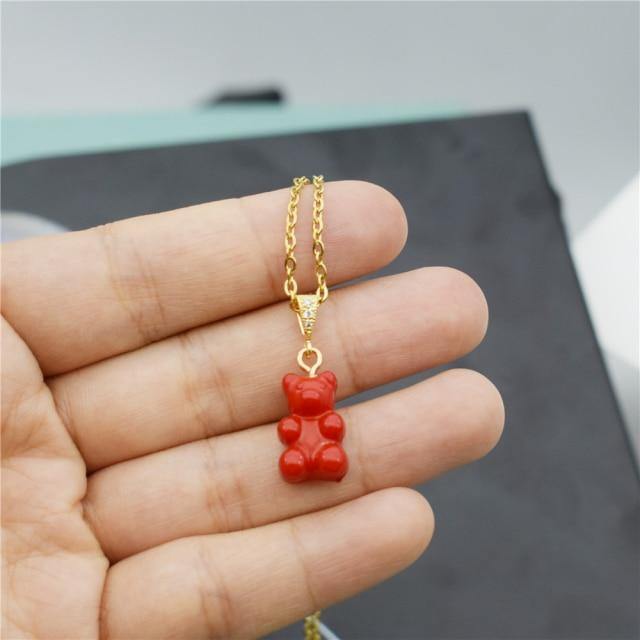 Colorful Resin Gummy Bear Pearl Chain Necklace, Red - OurCoordinates