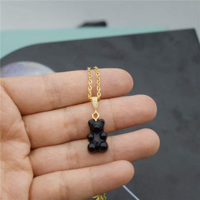 Colorful Resin Gummy Bear Pearl Chain Necklace, Black - OurCoordinates