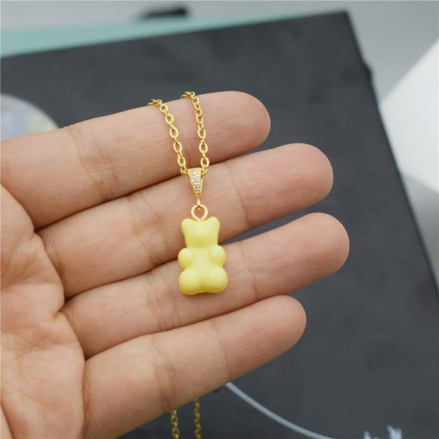 Colorful Resin Gummy Bear Pearl Chain Necklace, Yellow - OurCoordinates