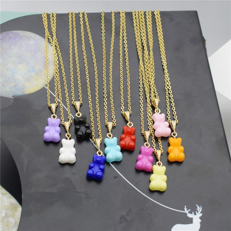 Colorful Resin Gummy Bear Pearl Chain Necklace, Orange - OurCoordinates