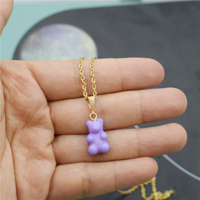 Colorful Resin Gummy Bear Pearl Chain Necklace, Purple - OurCoordinates