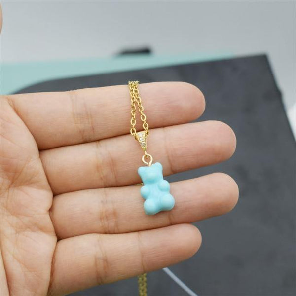 Colorful Resin Gummy Bear Pearl Chain Necklace, Cyan - OurCoordinates