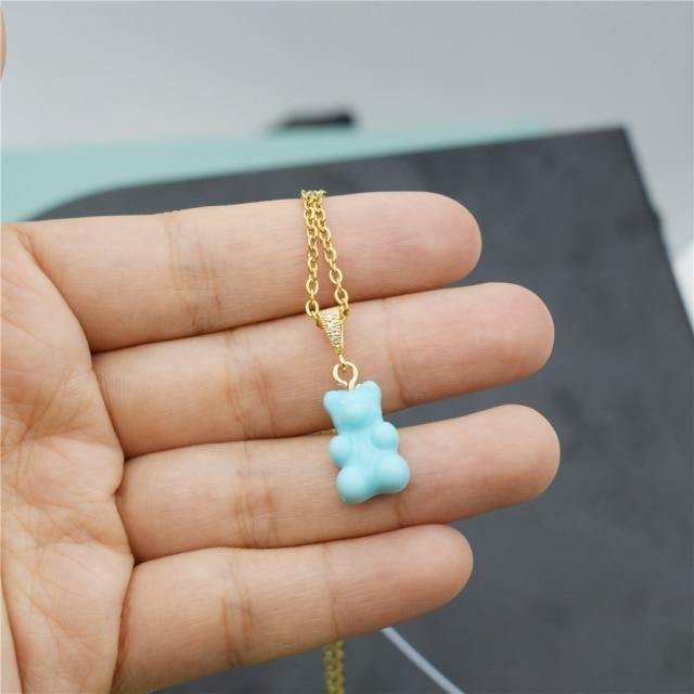 Colorful Resin Gummy Bear Pearl Chain Necklace, Cyan - OurCoordinates