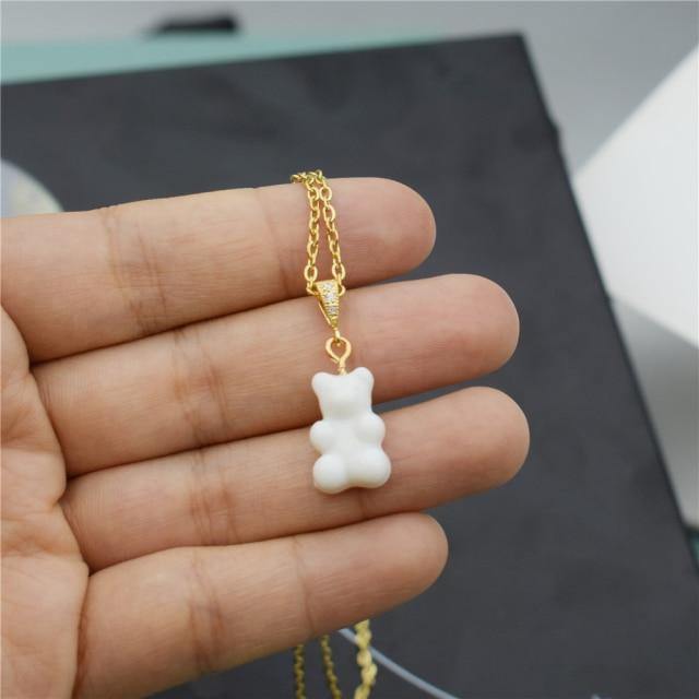 Colorful Resin Gummy Bear Pearl Chain Necklace, White - OurCoordinates