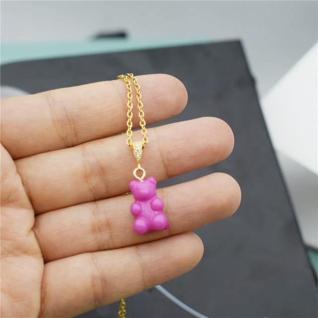 Colorful Resin Gummy Bear Pearl Chain Necklace, Hot Pink - OurCoordinates