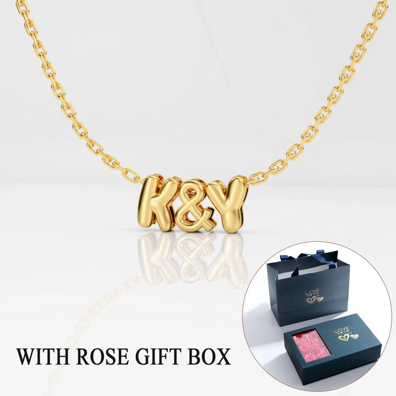 Custom 3D Letter Bubble Necklace With Rose Box Valentines Day Gift Set, Style 4-Rose Box - OurCoordinates