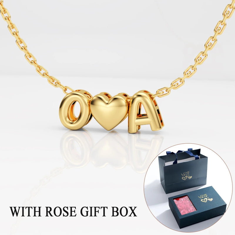 Custom 3D Letter Bubble Necklace With Rose Box Valentines Day Gift Set, Style 3-Rose Box - OurCoordinates