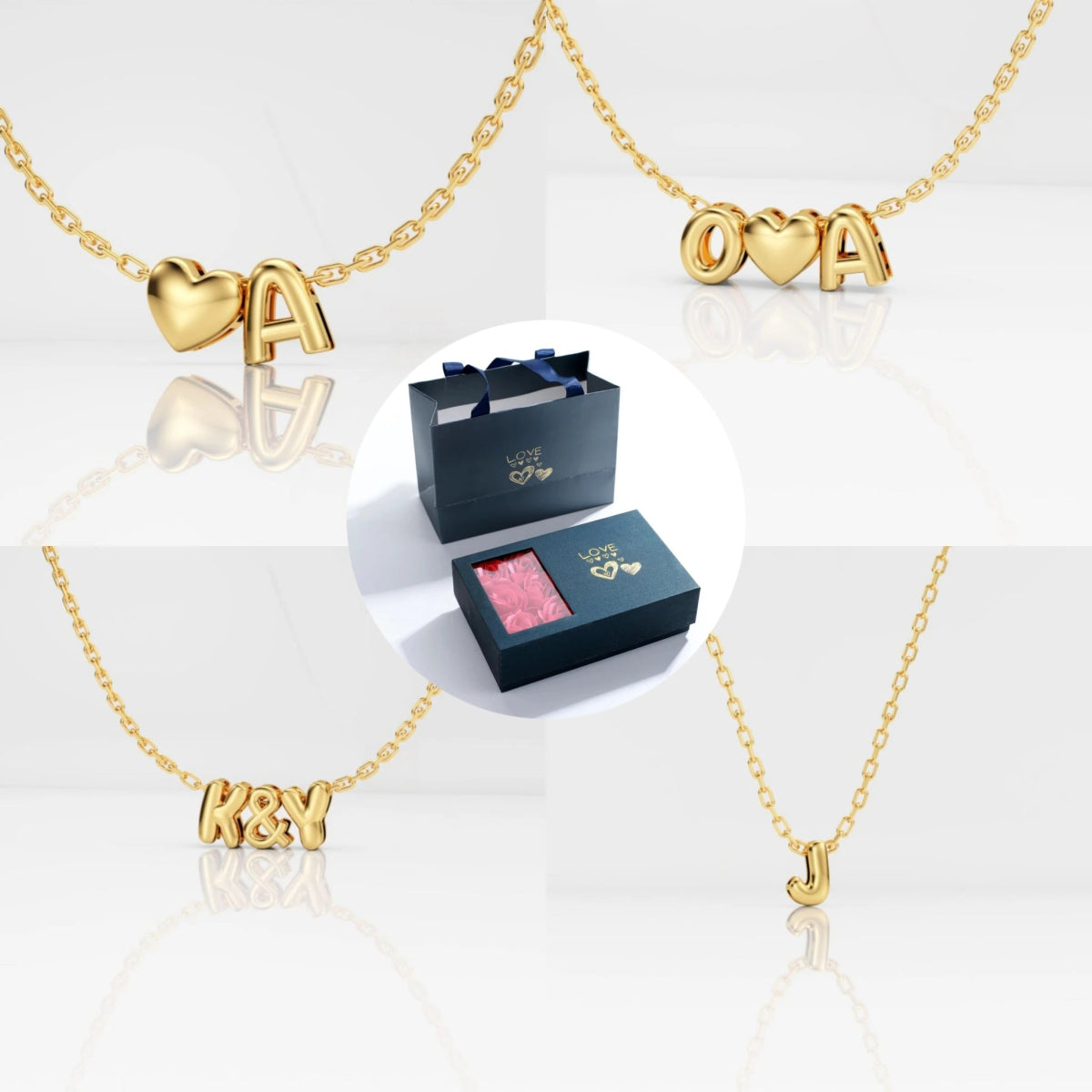 Custom 3D Letter Bubble Necklace With Rose Box Valentines Day Gift Set, Style 1-Rose Box - OurCoordinates