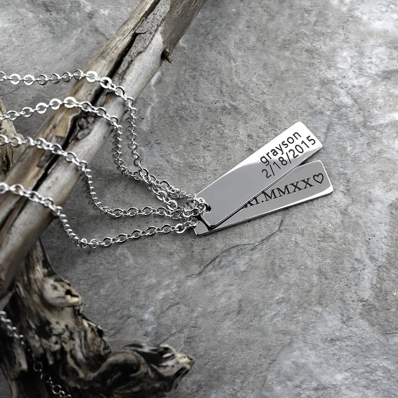 Custom Engraved Rustic Steel Necklace for Men, Silver - OurCoordinates