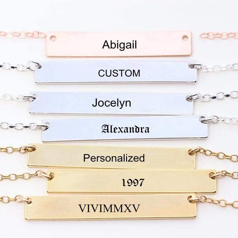 Custom Personalized Bar Necklace - Engrave Coordinates, Initials, Roman Numerals, Gold - OurCoordinates