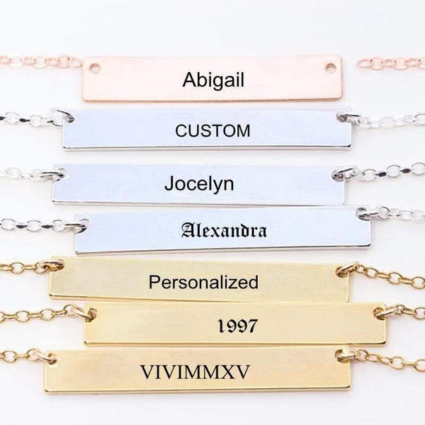 Custom Personalized Bar Necklace - Engrave Coordinates, Initials, Roman Numerals, Gold - OurCoordinates