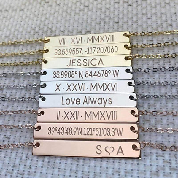 Custom Personalized Bar Necklace - Engrave Coordinates, Initials, Roman Numerals, Gold - OurCoordinates