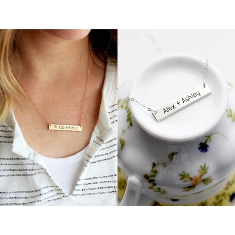 Custom Personalized Bar Necklace - Engrave Coordinates, Initials, Roman Numerals, Gold - OurCoordinates