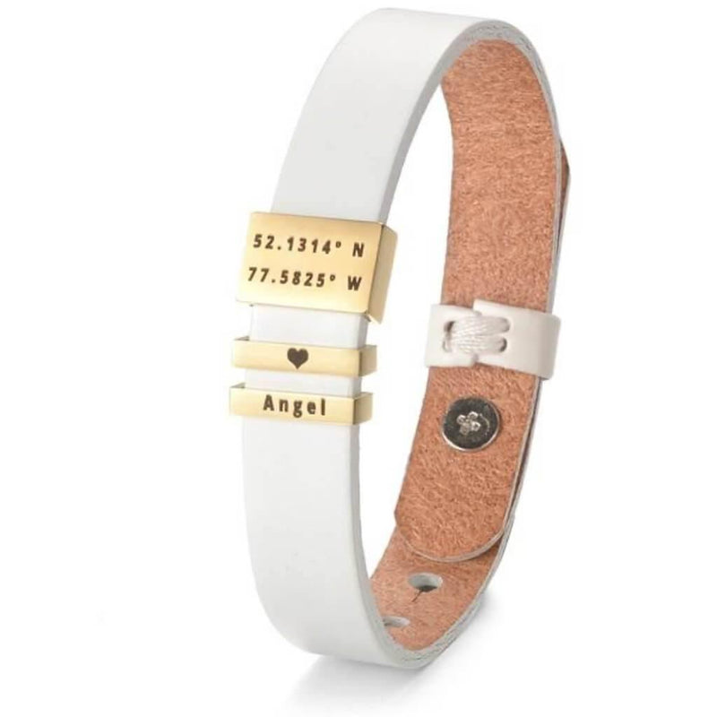 Engraved Nameplate Leather Band Bracelet, White - OurCoordinates