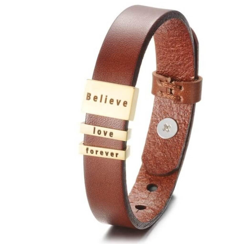 Engraved Nameplate Leather Band Bracelet, Brown - OurCoordinates
