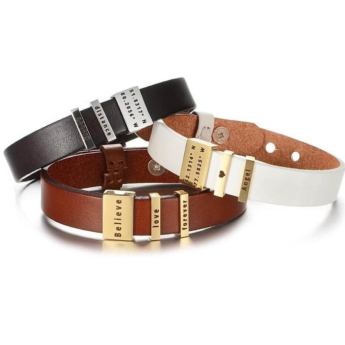 Engraved Nameplate Leather Band Bracelet, White - OurCoordinates