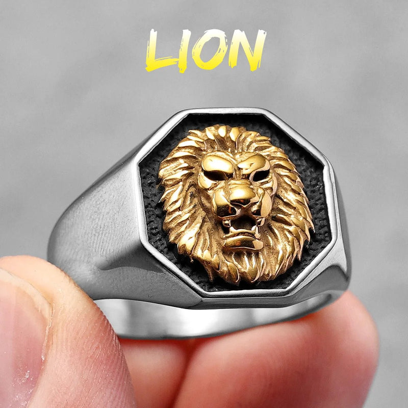 Ferocious Handcrafted Steel Lion Head Ring, Gold/Silver - OurCoordinates