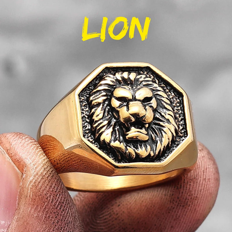 Ferocious Handcrafted Steel Lion Head Ring, Gold - OurCoordinates