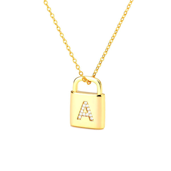 Gold Lock Necklace With Initial Letter Zircon, A - OurCoordinates