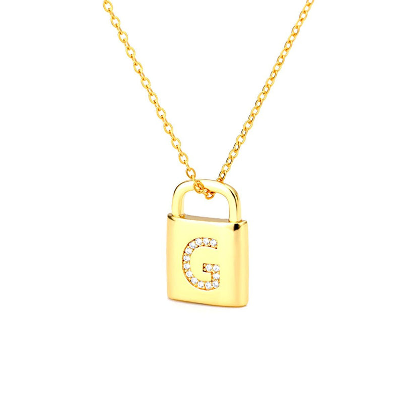 Gold Lock Necklace With Initial Letter Zircon, G - OurCoordinates