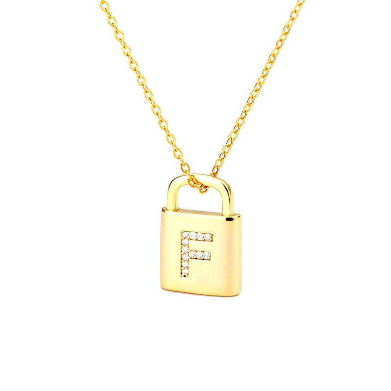 Gold Lock Necklace With Initial Letter Zircon, F - OurCoordinates