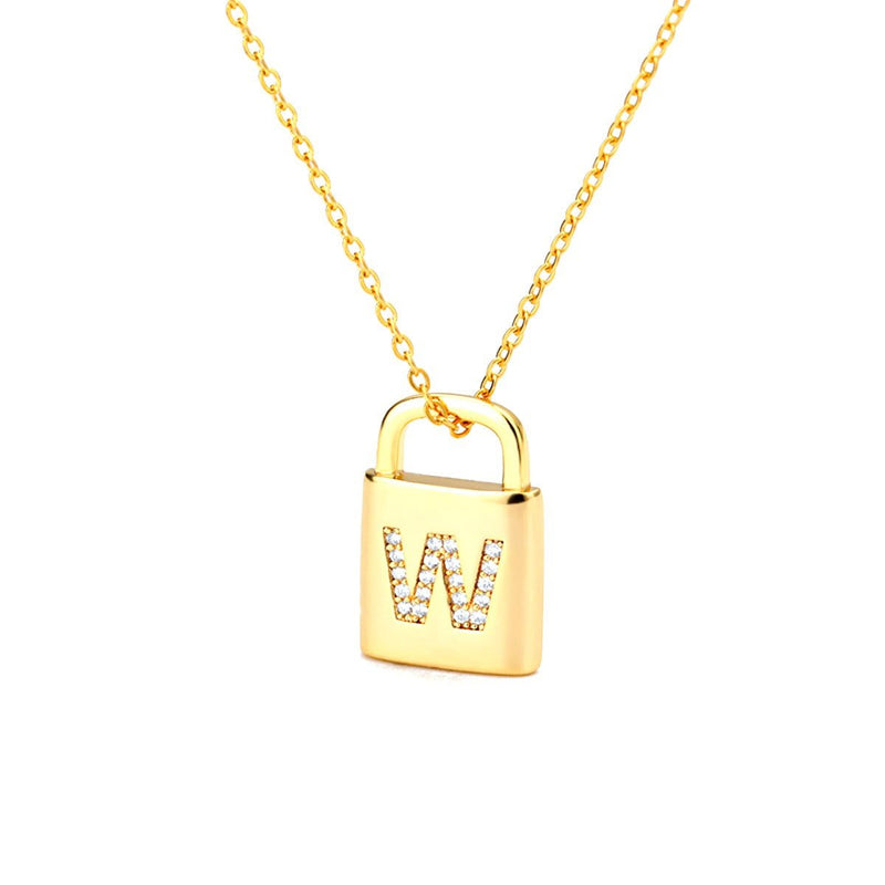 Gold Lock Necklace With Initial Letter Zircon, W - OurCoordinates