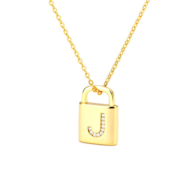 Gold Lock Necklace With Initial Letter Zircon, J - OurCoordinates