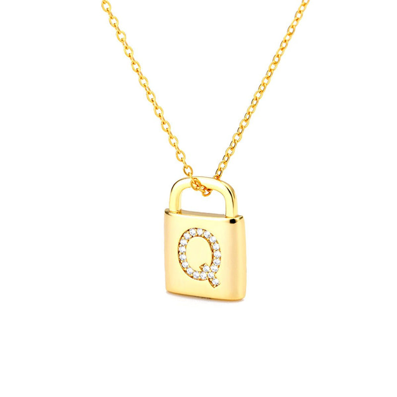 Gold Lock Necklace With Initial Letter Zircon, Q - OurCoordinates