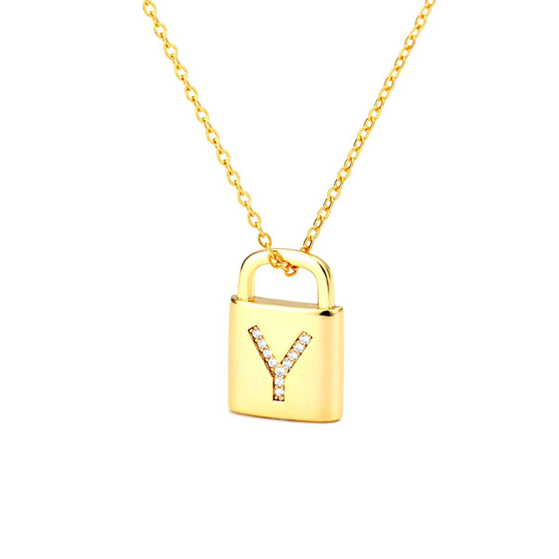 Gold Lock Necklace With Initial Letter Zircon, Y - OurCoordinates