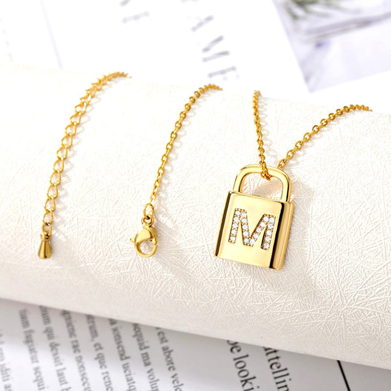 Gold Lock Necklace With Initial Letter Zircon, A - OurCoordinates