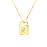 Gold Lock Necklace With Initial Letter Zircon, R - OurCoordinates
