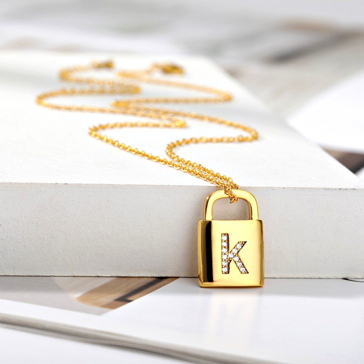 Gold Lock Necklace With Initial Letter Zircon, A - OurCoordinates