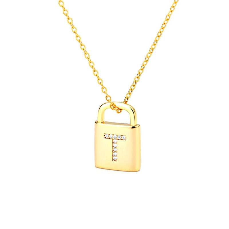 Gold Lock Necklace With Initial Letter Zircon, T - OurCoordinates