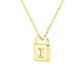 Gold Lock Necklace With Initial Letter Zircon, I - OurCoordinates
