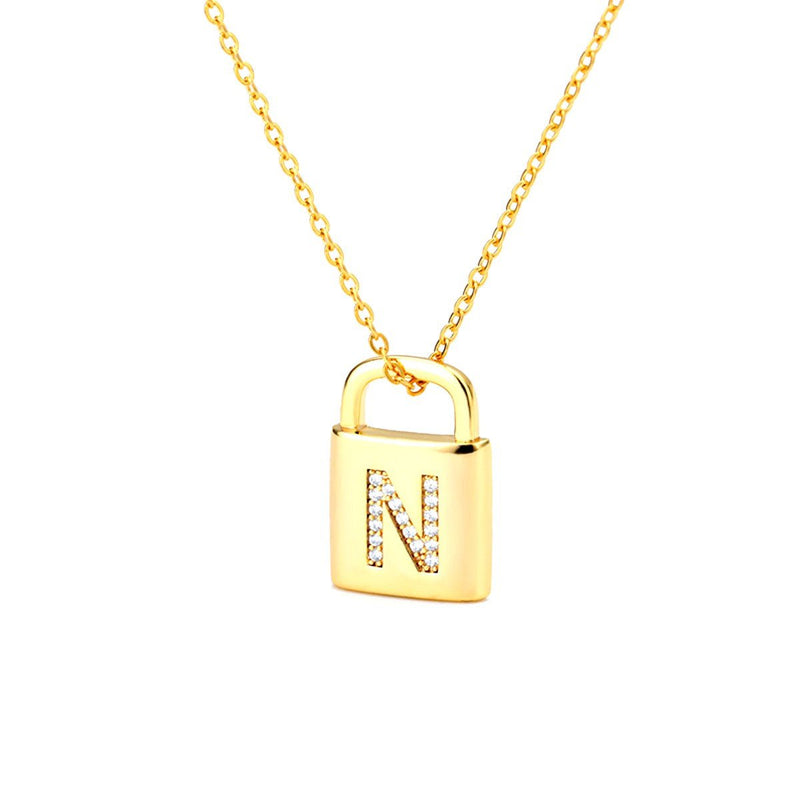 Gold Lock Necklace With Initial Letter Zircon, N - OurCoordinates