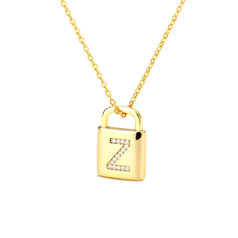 Gold Lock Necklace With Initial Letter Zircon, Z - OurCoordinates