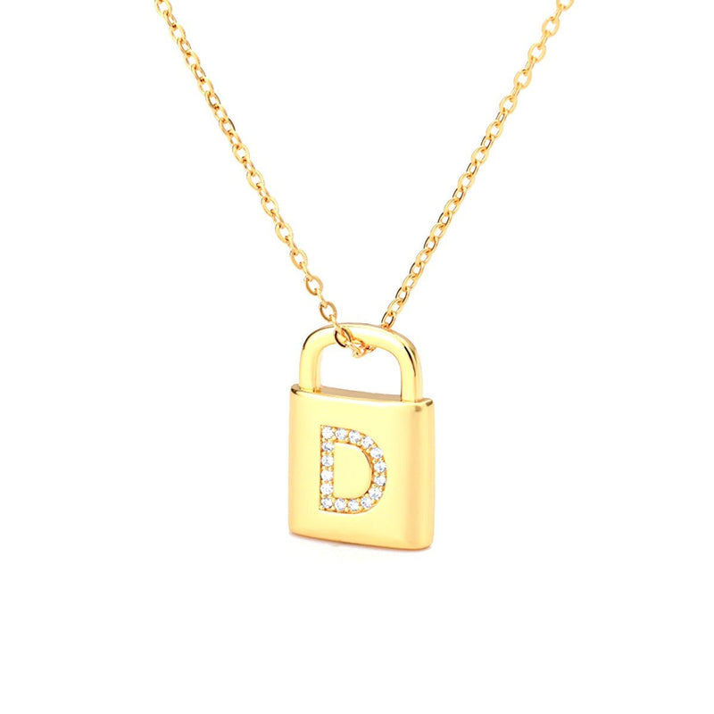 Gold Lock Necklace With Initial Letter Zircon, D - OurCoordinates