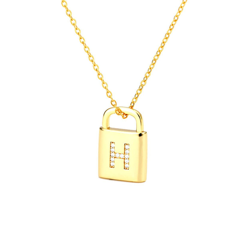 Gold Lock Necklace With Initial Letter Zircon, H - OurCoordinates