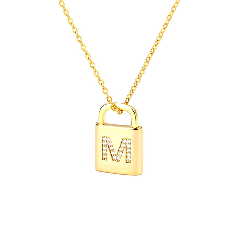 Gold Lock Necklace With Initial Letter Zircon, M - OurCoordinates