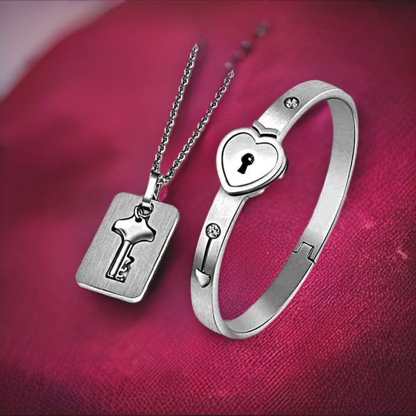 Heart Lock Bracelet & Key Necklace Jewelry Set, Silver - OurCoordinates
