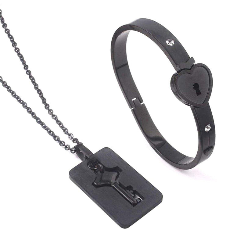 Lock Bracelet With Matching Key Necklace Jewelry Set, Black - OurCoordinates